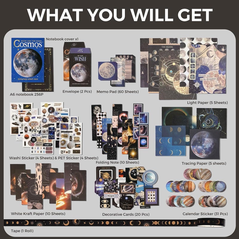 Funto Scrapbooking Kit(154 PCS), Cosmic Series-Cosmic Mystery, Perfect for Bullet Scrapbooking Materials, Planner DIY Arts Craft Collage - Image 2